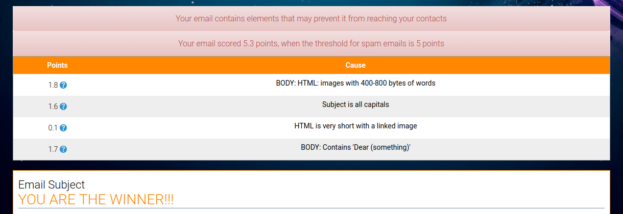 Spam emails: In the above image we demonstrate a portion of Tellody’s email creation page, where the list of spam rules, violated by the content of the example email, is placed.
